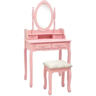 vidaXL Paulownia-Holz Schminktisch Set mit Hocker Spiegel Frisiertisch Kommode Kosmetiktisch Frisierkommode Schlafzimmer Rosa 75x69x140cm