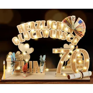 Giftota Original 70. Geburtstag Geldgeschenke Holz mit LED Lichterkette, Geschenke zum 70 Geburtstag Mann Frau, 70er Geburtstagsgeschenk