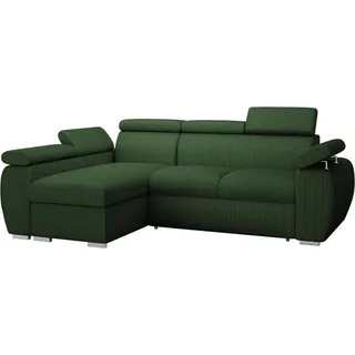 MIRJAN24 Ecksofa Boston Mini Premium Cord mit Bettkasten und Schlaffunktion, Einstellbare Kopfstützen, L-Form (Farbe: Poso 14, Seite: Links LC+2R) - Grün