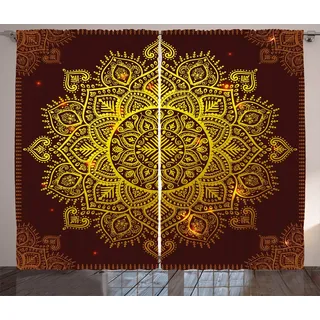 ABAKUHAUS Mandala Rustikaler Gardine, Orientalische Schneeflocke Kunst, Schlafzimmer Kräuselband Vorhang mit Schlaufen und Haken, 280 x 260 cm, Gelb Braun