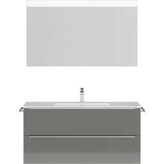 nobilia® Badmöbel-Set Levere, (2-St., vormontiert, mit Soft-Close), Hochglanz, inkl. Spiegel mit Touch-Sensor, in vier Breiten grau 121 cm x 169 cm x 48,7 cm