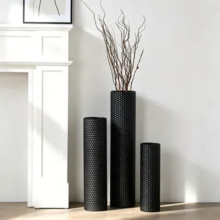 Dnnnii 3 Vasen Set - Hohe Zylindervasen aus Metall Schwarz, Moderne Wabenstruktur, Große Stehvasen für Wohnzimmer (Höhe bis 70cm, Raumdekoration)