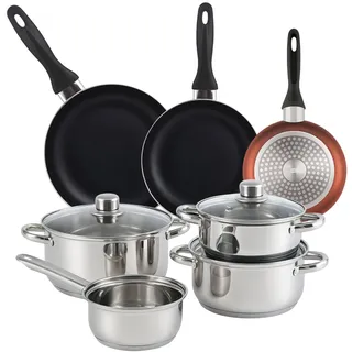 Well Home 7-teiliges Kochgeschirr-Set aus Edelstahl + 3 Pfannen, Ø 16 Ø 20 x 24 cm, Kupfer metallisiert aus gepresstem Aluminium