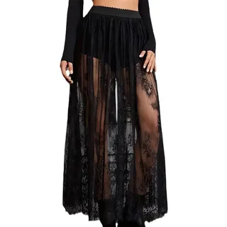 ZHOUSUFEN Langer 2-in-1-Spitzenrock, durchsichtig, hohe Taille, A-Linie, Rock, Festival, Raves, Outfit, Clubwear - XL