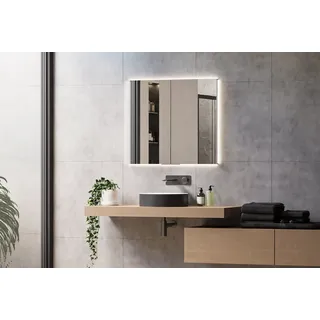 Bernstein LED Einbau-Spiegelschrank UP7012 80 cm aus Aluminium mit dimmbarer LED-Beleuchtung, Sensorschalter, Doppelsteckdose und verspiegelten Türen zur Unterputzmontage