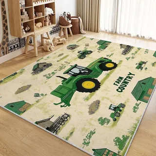 AAFUOO Kinderteppich, 3D Cartoon Grüner Traktor Wohnzimmerteppich, rutschfest Waschbarer Teppiche für Jungen und Mädchen Schlafzimmer, Weich Kurzflor Kinderzimmer Spielbereich Teppich 120x170cm