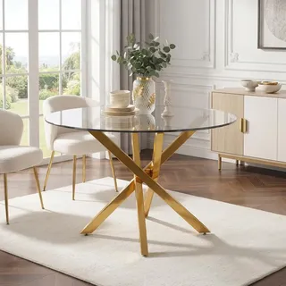 MODFU Runder Esstisch 80 cm mit Sicherheitsglasplatte, Goldbeinen und modernem Kreuzfuß, Eleganter Küchentisch für Esszimmer und Wohnzimmer, Gol... - Gold