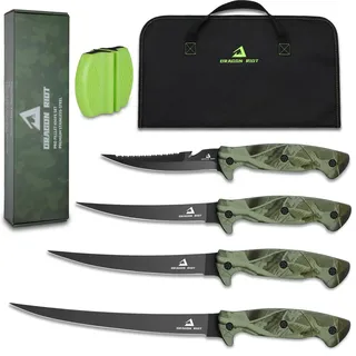 DRAGON RIOT Filetiermesser Fisch Set, Flexibel Fischmesser mit Tasche | Fischfiletmesser mit Messerschärfer, Full Tang Angelmesser aus Edelstahl, Ergonomischem Griff, Geschenke für Männer