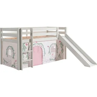 Vipack Hochbett Pino, Spielbett massiv Kiefer, stabil gebaut, 3 Korpusfarben zur Wahl (inkl. Rolllattenrost, Leiter und Absturzschutz, mit oder ohne Rutsche) Textil-Set "Astronaut", inkl. Vorhang, mit oder ohne Tunnel weiß 218 cm x 210 cm x 114 cm