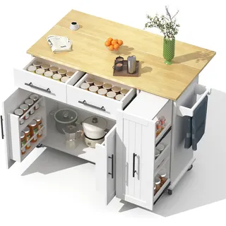 Kücheninsel 120x40x90 cm mit ausziehbarem 3-stufigem Organizer, klappbarer Arbeitsfläche, Rollen und Handtuchhalter, Weiß und Natur, MDF
