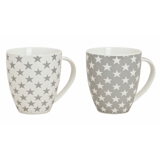 Spetebo Becher Porzellan Kaffeetassen 650 ml mit Sternen - 2er Set, Porzellan, große Tassen mit modernem Sterndesign grau|weiß