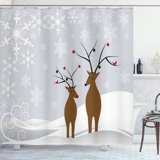 ABAKUHAUS Weihnachten Duschvorhang, Rentiere Noel, Stoffliches Gewebe Badezimmerdekorationsset mit Haken, 175 x 200 cm, Brown Pale Grau Weiß