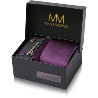 MASSI MORINO Krawatte mit Einstecktuch Set Herren inkl. Manschettenknöpfe, Krawattennadel und Geschenkbox - Männer Krawattenset zur Hochzeit - Einheitsgröße