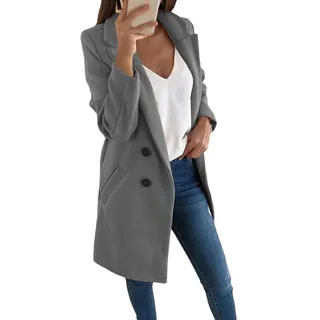 Onsoyours Damen Blazer Winter Mantel Elegant Warm Wintermantel Steppmantel Knopf Klassische Vintage Zweireihig Revers Schlack Slim Fit Trenchcoat mit Taschen Grau 48 - 48