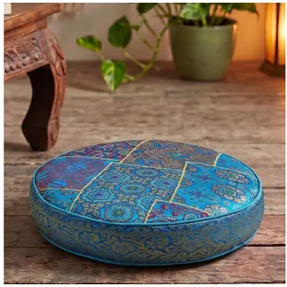 Guru-Shop Sitzkissen Orientalisches rundes Patchwork Kissen 40 cm,.. blau