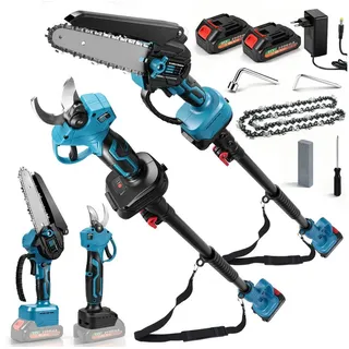XERSEK Akku-Hochentaster 4-in-1 Akku Kettensäge Bürstenloser Teleskop Astschere Teleskopsäge, bis 4 m Arbeitshöhe, (Set, Gartenscheren-Maschinen mit Akku und Ladegerat), 1,7m Teleskopstange, 25mm Baumschere, mit 2×2,0 Ah Akku