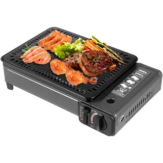 Gas Grill Herd, 41.5 * 28 * 11cm Camping Gasgrill 2-in-1 Tischgrill Gas Camping Grillset BBQ Set BBQ Barbecue Grill Campings Gasgrill Klein Campingkocher mit 6 Bratnadeln für Campings Reisen Trekking