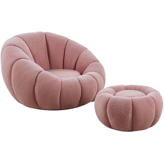 cosyou Sessel mit Hocker gemütlicher Teddystoff - runder Polstersessel für Wohnzimmer & Schlafzimmer, Relaxsessel drehbar für entspannte Abende beige, weiß, rosa - jetzt Farbe wählen (Rosa)