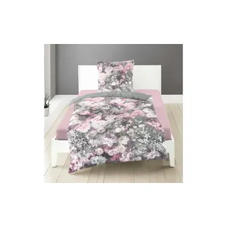 BIERBAUM Bunte Blumen Baumwolle Grau/Rosa 155 x 220 cm + 80 x 80 cm