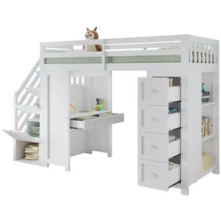 SOFTWEARY Hochbett mit Schreibtisch und Regal (mit Schubladen, Treppe und Schrank, 90x200 cm) Holzbett mit Lattenrost und Rausfallschutz