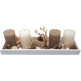 Adventsgesteck Weihnachten Deko Tablett Holz Weiß Nougat Beige Creme Kerzen 40cm