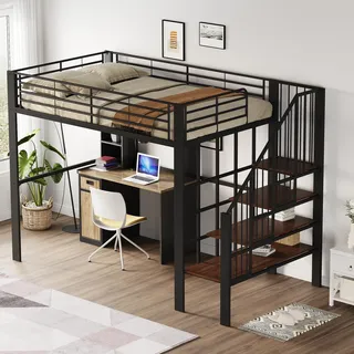 Merax Metall Hochbett 140 x 200 cm mit Regal, Multifunktionales Hochbett für 2 Personen mit Treppe, für Kinder, Schwarz (ohne Matratze, Schrank und Schreibtisch)