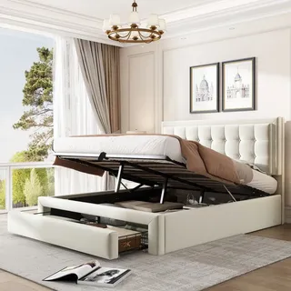Merax Hydraulisches Boxspringbett 140x200cm mit Bettkasten und Schubladen, Polsterbett mit höhenverstellbares Kopfteil, Doppelbett aus Samt - Beige