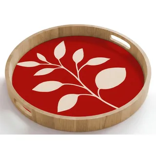 OnlyWow Tablett Rund mit Henkel Scherenschnitt - Blätter - Zweig, Eichenholz, (1-tlg), Servierbrett Groß, Tischdeko, Platte, Tisch Deko 50 cm x 50 cm x 5 cm