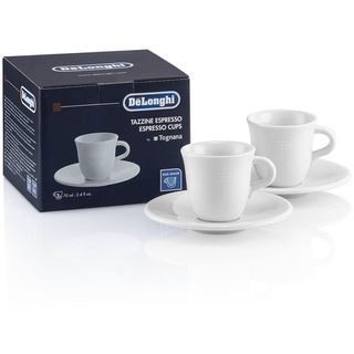 De'Longhi Espressotassen Set aus Porzellan DLSC308 – 2 handgemachte Keramik Tassen mit Untertassen, mikrowellen- & spülmaschinengeeignet, 70 ml, Weiß