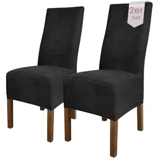 Scheffler Home Stuhlhussen Schwarz Velours 2er Set Leon – Waschbare elastische Stuhlbezüge für Esszimmerstühle, Hochlehner und Polsterstühle – Stretch Husse, Oeko-TEX Zertifiziert