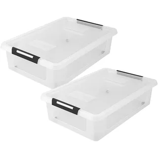 HRB 2er Set transparente Aufbewahrungsbox Rollbar Unterbettbox mit Deckel Clickverschluss - Ideal für Unterbett Aufbewahrungsbox Plastikbox mit 32 Liter Volumen