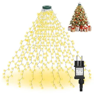 Merry 2024 LED-Lichterkette LED Weihnachtsbaum Lichterkette Außen mit Topper Moon Star, 480-flammig, Christbaumbeleuchtung mit Ring und Sterne,8-Modi,Timer 3 m