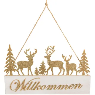 Logbuch-Verlag Türschild Türkranz Weihnachten Willkommen gold aus Metall mit Hirsche 28 cm weiß weihnachtlich Deko zum Aufhängen