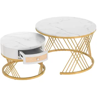 Kaffeetisch 70x70x45,5 cm und 50x50x38,5 cm aus MDF mit Marmor Oberfläche und Rattan Schubladen in Weiß und Gold