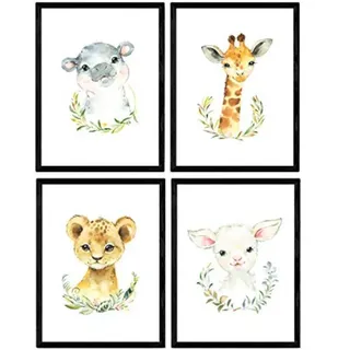POSTER Set mit 4 Igel Pferd Fuchs und Eule A3 Schwarzer Rahmen