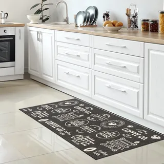 CARPETIA Waschbarer Küchenteppich Küchenläufer rutschfest Coffee dunkelgrau - schwarz - weiß flach kurz 80 x 150 cm
