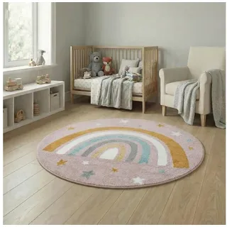 Jimri Kinderteppich DOT ́S Teppiche für Kinderzimmer, Kinderzimmerteppich, Teppich, Rund, Regenbogen rosa Rund | 150 cm x 150 cm