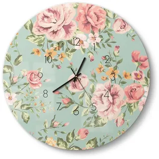 DEQORI Wanduhr 'Tapete mit Blumenmuster' (Glas Glasuhr modern Wand Uhr Design Küchenuhr) rosa 50 cm x 50 cm