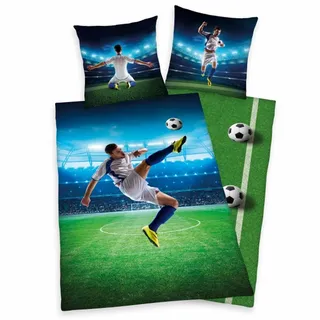 Herding Jugendbettwäsche Fußball, Mehrfarbig, Textil, Fußball, 135x200 cm, Oeko-Tex® Standard 100, Textiles Vertrauen - Oeko-Tex®, hautfreundlich, angenehm wärmend, saugfähig, schadstoffgeprüft, 100% feinster Baumwollsatin mit Seiden-Finish, weiche und anschmiegsame Oberfläche, atmungsaktiv, pflegeleicht, Schlaftextilien, Bettwäsche, Kinderbettwäsche