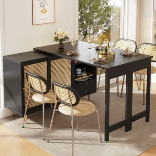 Merax Bartisch Ausziehbarer, 360° drehbarer Stehtisch mit Schiebetür, Schublade, Offenes Staufach, modern Bistrotisch Küchentisch Kücheninsel mit Rattantür, für Bar Küche Wohnzimmer Esszimmer, Schwarz