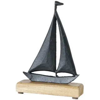 Spetebo Maritimer Deko Aufsteller Segelboot - 22 cm – Segelschiff aus Aluminium mit Mangoholz Fuß – Metall Boot Tischdeko Ständer Schiff auf Holz Standfuß