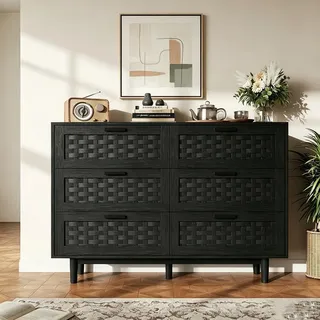 INONEFT Kommode mit Rattan-Geflecht 6 Schubladen, Sideboard, Komode, Schubladenschrank, Vorratsschrank, Schwarz H80cm B115cm T40cm - Schwarz