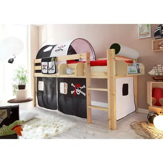 TICAA Hochbett Malte 90 x 200 cm inkl. Textil-Set und Matratze Kiefer massiv natur pirat-schwarz-weiß