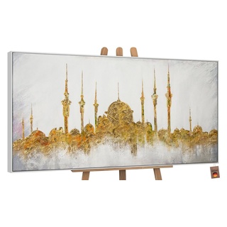 YS-Art Gemälde Moschee, Leinwandbild Islam Moschee in Gold mit Rahmen weiß