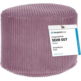 DreamRoots Runder Cord Pouf Hocker 380 g/m2 als Bequemer Bodenstuhl und Vielseitiges Sitzkissen Boden für Wohnzimmer Schlafzimmer oder Homeoffice 35x35x25 cm Plum Smoothie