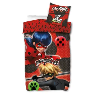 Miraculous Ladybug Kinder-Bettwäsche Duo Rot 135 x 200 + 80 x 80 cm 100% Baumwolle Renforcé-Linon-Qualität Lady Bug Marinette Dupain-Cheng Adrien Cat Noir Paris Tikki Plag deutsche Größe 053-B