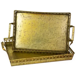 Moritz Blumentopf 2er Tablett-Set Metall Antik-Gold mit Griffen Vintage, Dekoration für In- und Outdoor für Pflanzen und Blumen Verzierungen