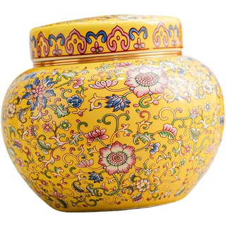 F Fityle Keramik-Ingwerglas-Blumenvase mit Deckel, 800 ml Fassungsvermögen, Ornament, Mehrzweck-Schreibtischvase im chinesischen Stil, Teedose für Esszimmer, GELB