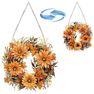 CXINLky DIY Diamond Art Painting Herbst Anhänger mit Kette, Diamant Art Painting Herbst Fensterbilder, 5D Diamond Malerei Wandbehang Kits für Fenster Wand Garten Decor-03-Herbstkranz
