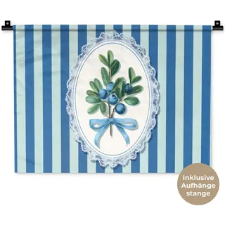 MuchoWow Wandteppich Illustration - Beeren - Blau - Streifen, Rechteckig, Höhe: 3 mm, Wanddeko Teppich Wohnzimmer, Schlafzimmer, 60x45 cm Rechteckig | 60 cm x 45 cm x 3 mm